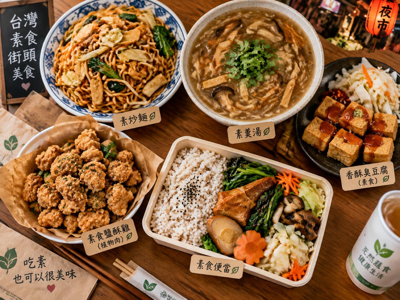 台灣素食炒麵、素羹、臭豆腐、鹹酥雞與便當